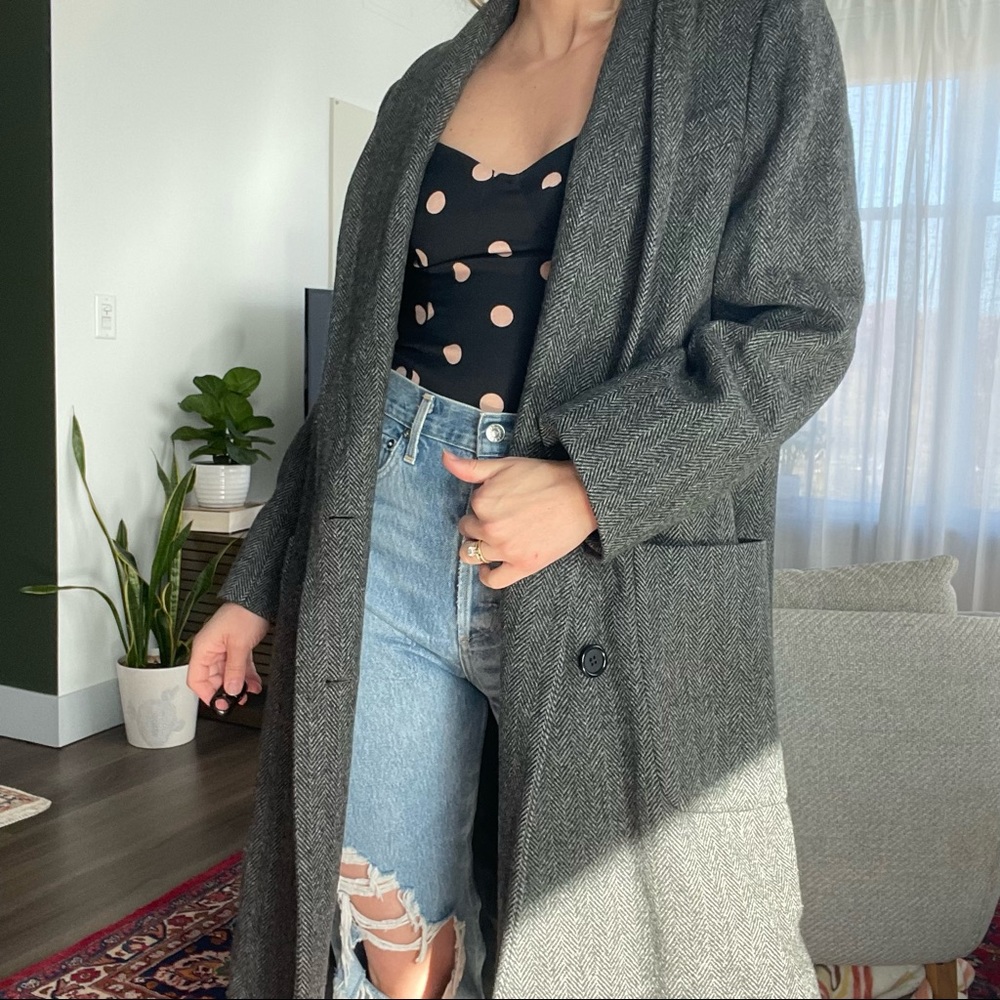 Grey Wool Coat Herringbone Vintage Charcoal Long Jacket Double Breasted Collared - Picture 7 of 8